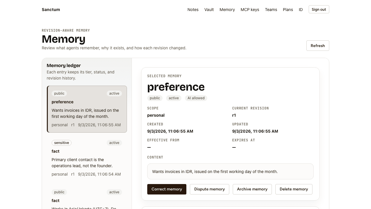Sanctum memory ledger showing entries with tier badges and a provenance panel