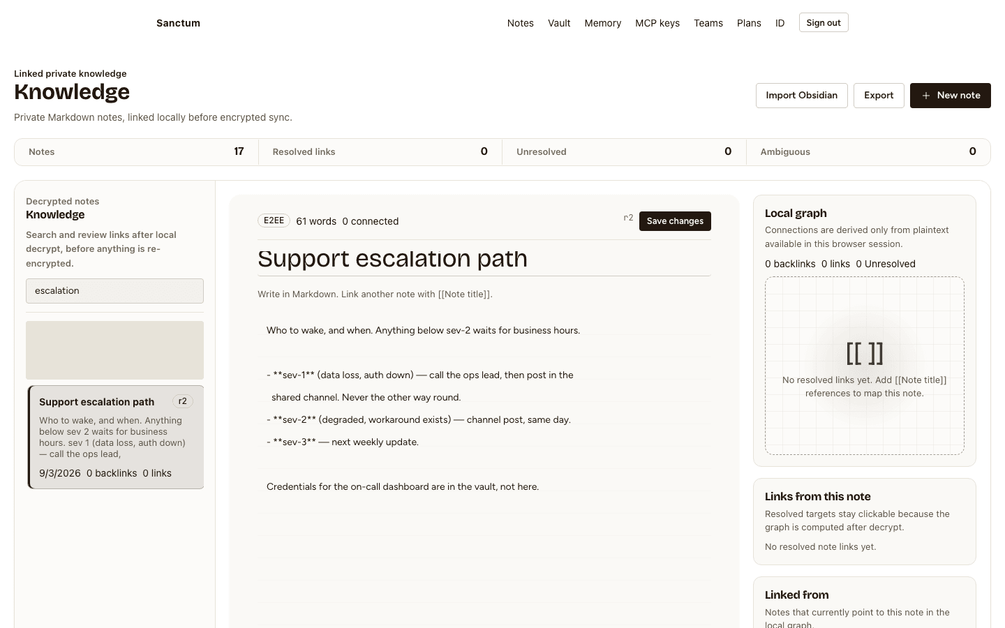 Sanctum notes workspace with a Markdown editor, a note list, and a local link graph