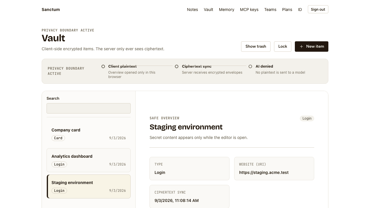 Sanctum vault page listing encrypted items with an unlock state